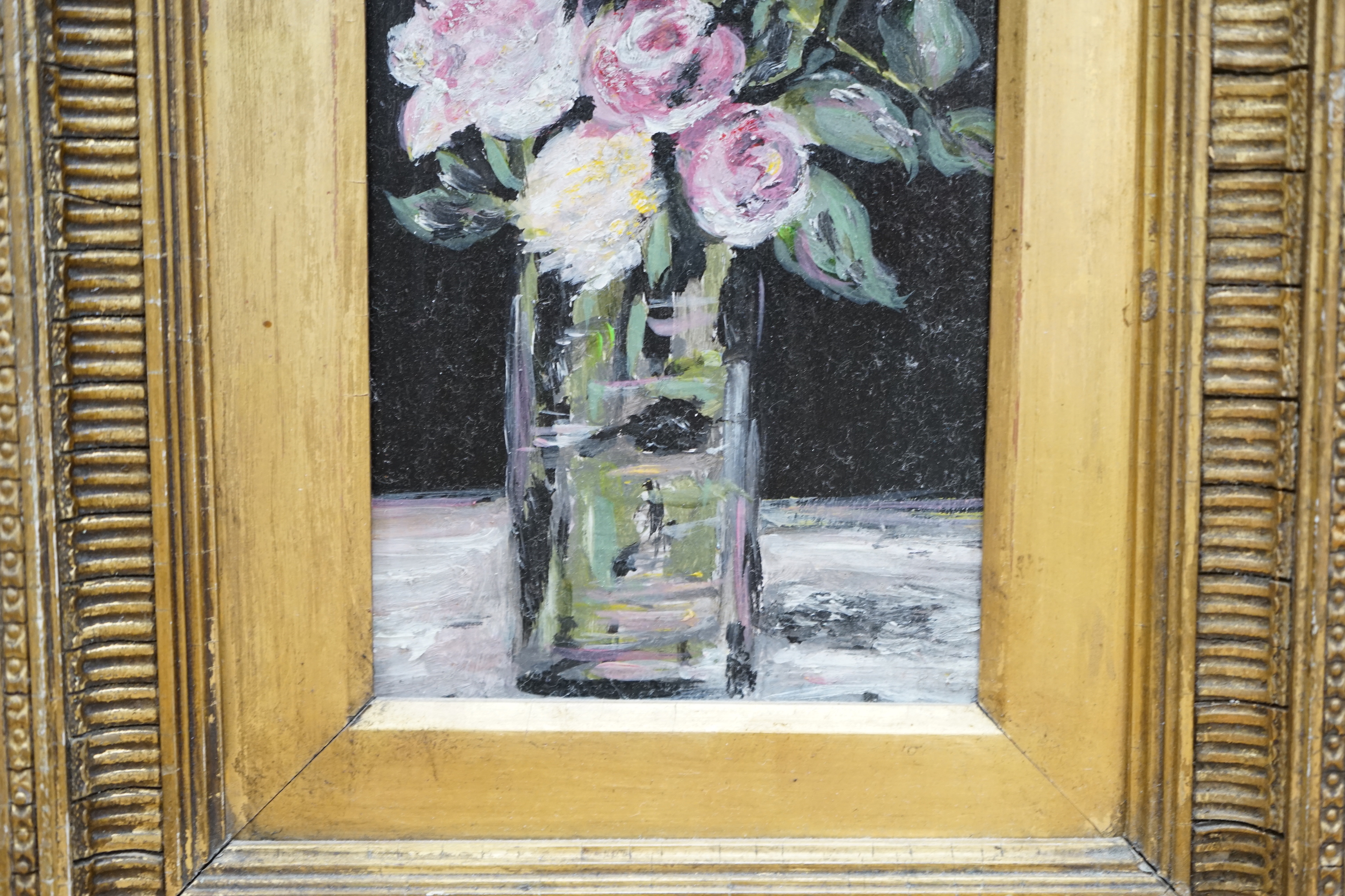 English School, oil on board, Still life of roses in a vase, 18 x 11cm, ornate gilt frame